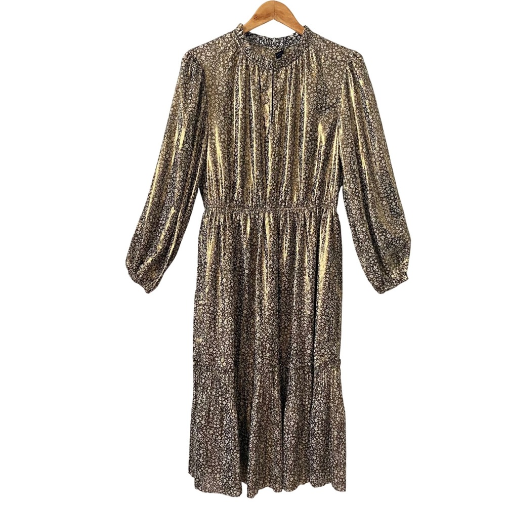 Anthropologie Current Air Lucia Shimmer Midi Dress Sz Lg Balloon Sleeve Tiered
